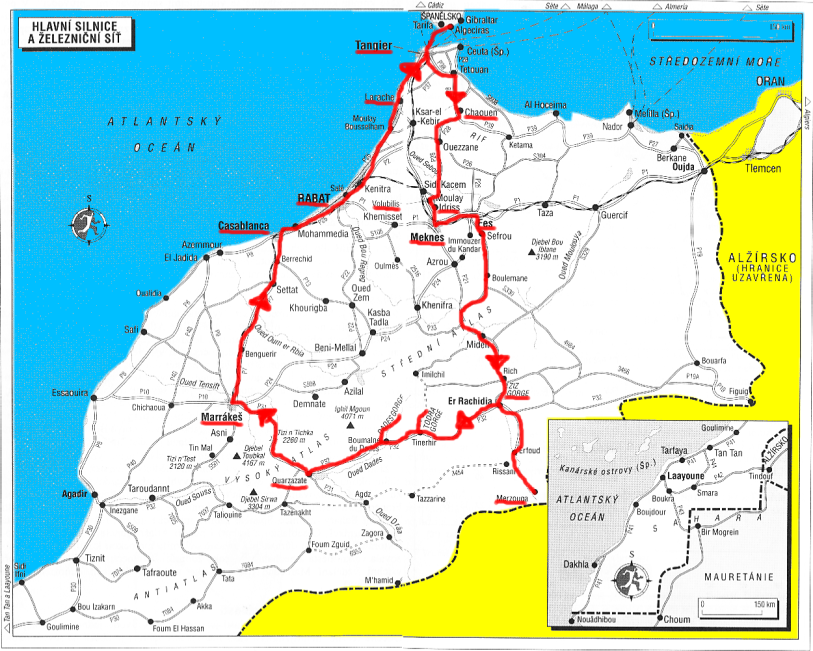 Mapa Maroka s naší cestou - červeně
